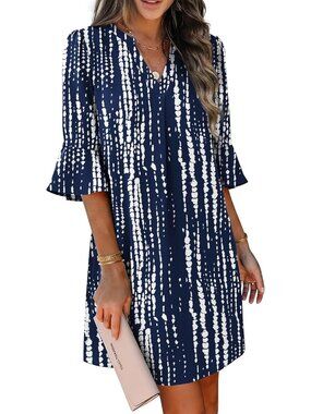 〽️Women's Blue Floral Tie Dye V Neck Shift Dress Ruffle Sleeves Pocket Sundress